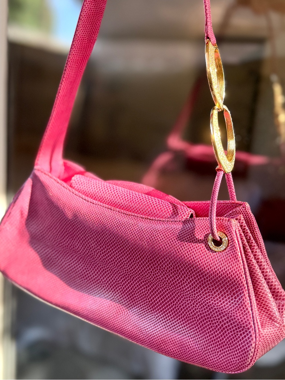Rare Vintage Judith Leiber Pink Lizard Baguette Should Bag with Crystal Hardware